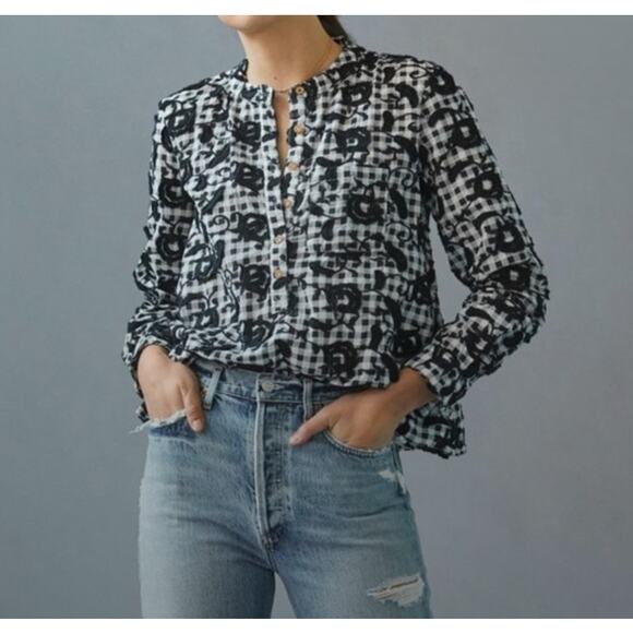 Pilcro Anthropologie Black White Embroidered Gingham Blouse Size L Boho Chic - Picture 10 of 10